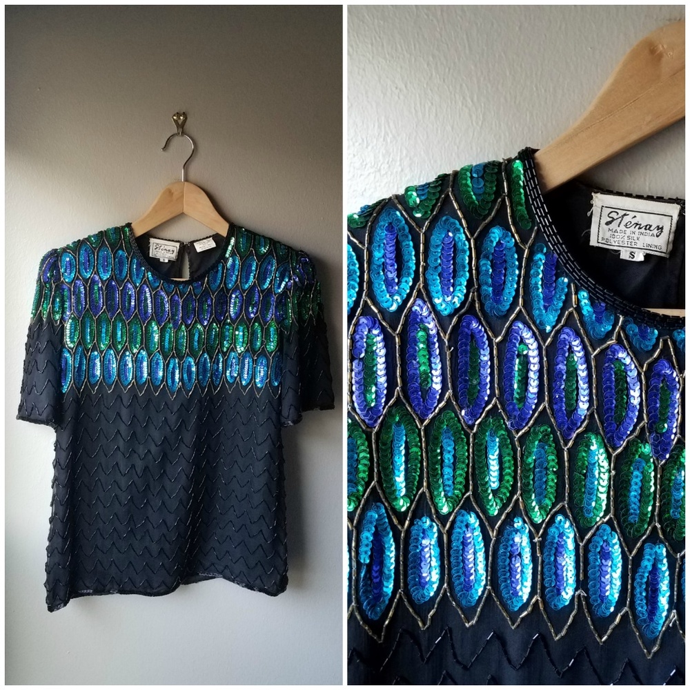 Vintage Sequin Top Small Blue Blouse Beaded